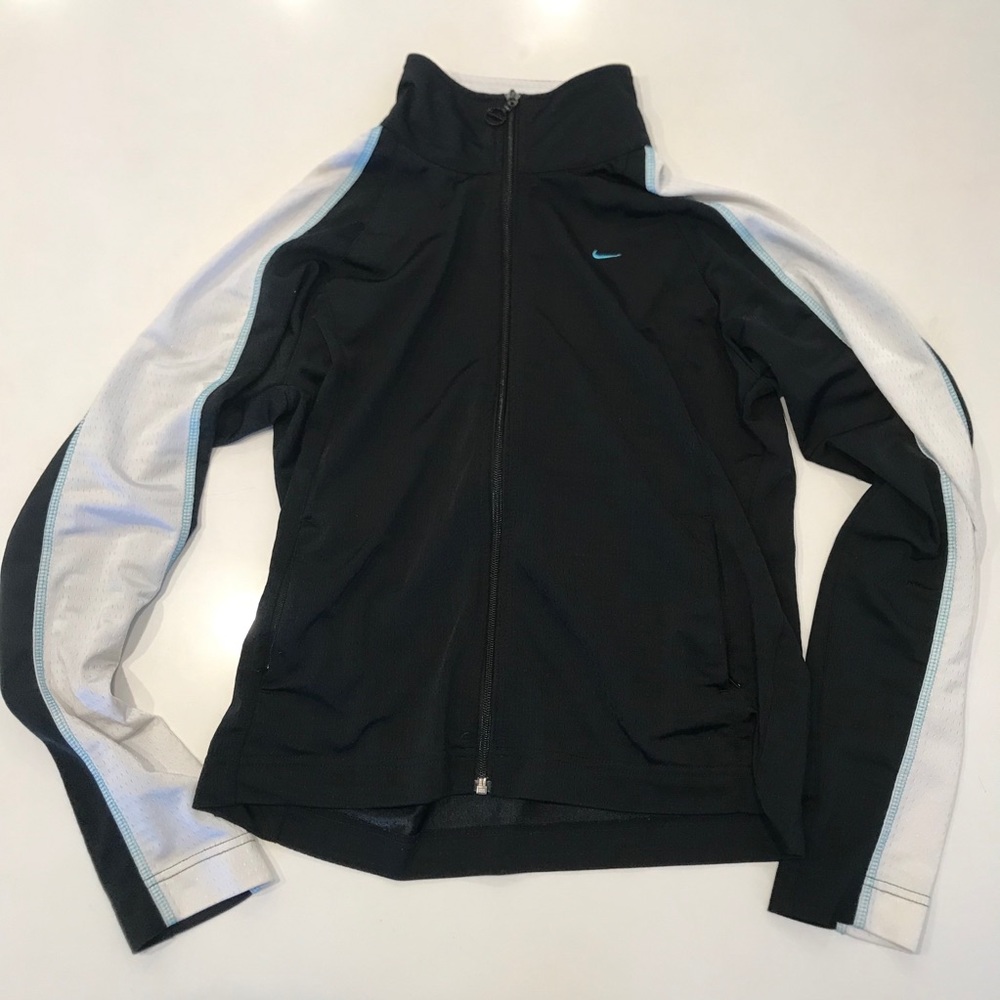 NIKE Full Zip Up Black White Blue Stripe Jacket L